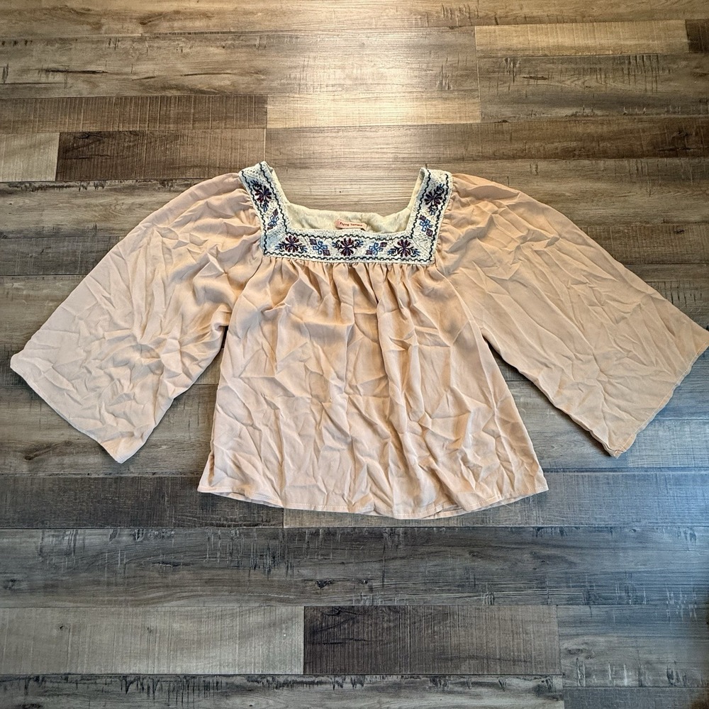 Flying Tomato Womens Blouse Small Beige Short Sleeves Embroidered Casual Preppy